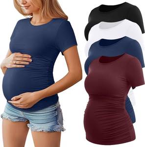 lot 13589 image: Huukeay 4 Pack Womens Maternity Shirts, Crew Neck Maternity Top Short Sleeve Casual Cotton Tee Side Ruched Pregnancy Clothes SIZE M