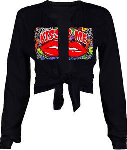 lot 26511 image: vblane Sexy Tie Front Crop Top for Women Long Sleeve Graphic Tee Shirt Clubwear SIZE M
