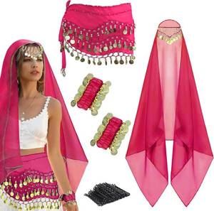 lot 26536 image: 4 Pcs Belly Dance Outfit Sets Belly Dance Chiffon Hip Scarf, Head Scarf with Gold Coins 2 Coin Wrist Bracelet 50 Bobby Pins SIZE UNKNOWN