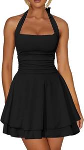 lot 26537 image: Kaximil Womens Sexy Halter Ruffle Hem Mini Dress Ruched Waist Corset Short Party Dresses SIZE M