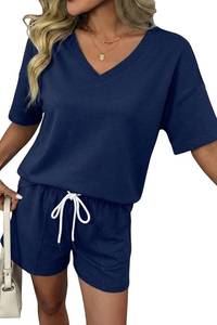 lot 26549 image: SHEWIN Womens 2 Piece Short Sets V Neck Short Sleeve T-Shirts and Drawstring Shorts Beach Vacation Outfits with Pockets SIZE S
