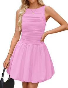 lot 26558 image: ZESICA Womens Summer Bubble Sleeveless Boat Neck Mini Dress 2026 Ruched Waist A Line Short Cocktail Party Club Dresses SIZE M