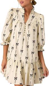 lot 26559 image: EZAPINE Women Puff Three-Quarter Sleeve Mini Dress Mock V Neck Babydoll Short Dress with Bow Print SIZE M