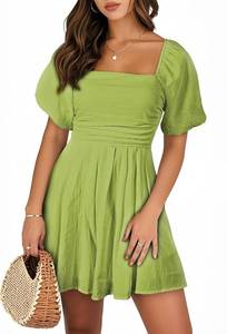 lot 26571 image: AlvaQ Womens Rompers for Summer 2026 Puff Sleeve Square Neck Casual Spring Flowy Romper Shorts Jumpsuit with Pocket Teen Beach Vacation Outfits,Green SIZE S