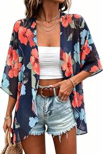 lot 26574 image: Womens Floral Print Puff Sleeve Kimono Cardigan Loose Cover Up Casual Blouse Tops 2026 SIZE L