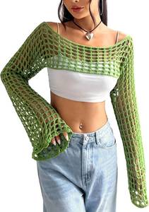 lot 26578 image: hathne Womens Crochet Crop Top Shrug Y2K Hollow Out Mesh Knit Long Sleeve Sweater, Sexy Beach Bikini Cover Up SIZE S