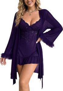 lot 26581 image: SHENHE Womens Sexy Lingerie Lace Babydoll Nightgown with Long Sleeve Robe Set Nightwear SIZE M