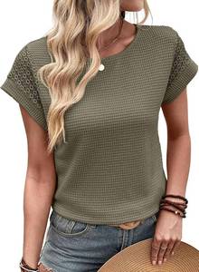 lot 26587 image: Dokotoo Womens Summer Tops 2026 Waffle Knit Lace Hollow Out Short Sleeve T-Shirts Crewneck Casual Loose Basic Tee Blouses SIZE XL
