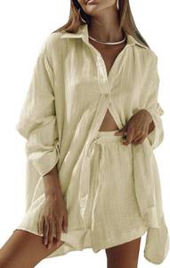 lot 26589 image: Fixmatti Women 2 Piece Outfits Long Sleeve Button Down Blouse and Shorts Sweatsuit Sets SIZE M