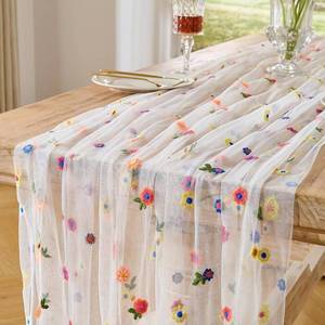 lot 26591 image: BINBE 1pcs Ivory Daisy Spring Table Runner Embroidery Gauze 10FT Florals Seasonal Tulle Holiday Birthday Kitchen Dining Table Decor for Home Party