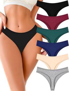 lot 26592 image: FINETOO Cotton Thongs for Women Soft Low Rise Sexy Thong Ladies Panties Womens Underwear 6 Pack SIZE M