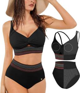 lot 26601 image: Popilush Tummy Control Swimsuits for Women - High Waisted Bikini Sets Shapewear with Boho Trim 4 Way Wear Pool and Beach SIZE L