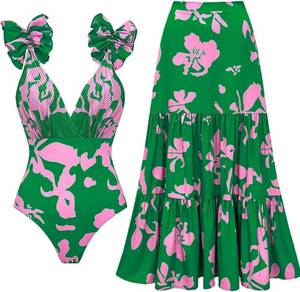 lot 26614 image: FLAXMAKER Blue and White V Neck Lace Up Strip Plant Prints One Piece Swimsuit and SkirtSarong SIZE XL