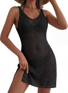 lot 26621 image: Jiuguva Women Crochet Swimsuit Cover up Bathing Suit Coverup V Neck Knit Slit Tank Dress Hollow Out Beach Mini Dress Vacation SIZE S