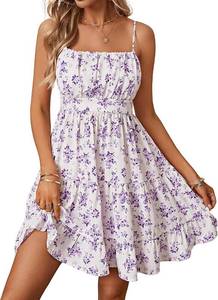 lot 26628 image: Verdusa Womens Floral Print Dress Cute Summer Mini Dresses Ruched Sleeveless Ruffle Hem A Line Cami Sundress Size XL