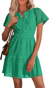lot 26633 image: PRETTYGARDEN Womens 2026 Summer Short Dress V Neck Short Sleeve A Line Hollow Out Lace Cute Casual Beach Party Spring Dresses Size Large