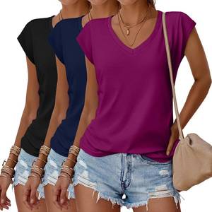 Huukeay 3 Pack Women's V Neck T Shirts, Cap Sleeve Summer Casual Tops Loose Fit Short Sleeve Tees Basic Trendy Shirts Size Large