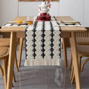 lot 26639 image: Boho Table Runners with Tassels 72inches, Macrame Farmhouse Table Runner for Dining, Bedroom & Kitchen Decor (Black and White)