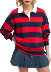 lot 26641 image: Women Long Sleeve Striped Polo Shirt Oversized Collar Y2k Pullover T Shirt Casual Loose Streetwear Rugby Sweatshirt Size Large