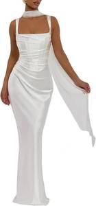lot 26642 image: ABYOVRT Women Wedding Guest Dress Satin Corset Top Elegant Maxi Dresses with Sheer Scarf Evening Gown Size Medium