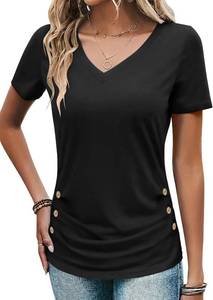 lot 26669 image: Bliwov Womens V Neck T-Shirts Short Sleeve Ruched Buttons Tops Dressy Casual Business Blouses 2026 Spring Summer Tees Size Small