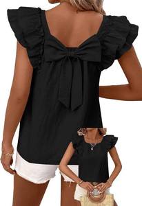 lot 26690 image: Falechay Womens Bow Tie Back Tops Round Neck Ruffle Short Sleeve Shirts Cute Babydoll Chiffon Tee Women Summer Trendy Tunic Size Medium