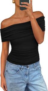 lot 26708 image: PRETTYGARDEN Off The Shoulder Tops for Women Summer Short Sleeve Ruched Slim Fit Shirts Blouses Y2K Going Out Top (Black,Large)
