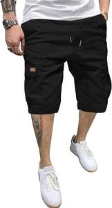 lot 26718 image: PLEPAN Mens Casual Cargo Shorts Classic Stretch Waist Drawstring Outdoor Work Shorts with 6 Pockets, Size XL, Black