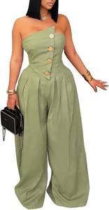 lot 26719 image: KANSOON Jumpsuits for Women Strapless Tube Top Wide Leg Long Pants Buttons Sexy One Piece Dressy Outfits, Green, Size XL