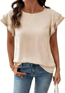 lot 26723 image: Dokotoo Summer Tops for Women 2026 Casual Round Neck Ruffle Cap Sleeve Blouse Shirts Solid Color Tunic Tops, Beige, Size Medium