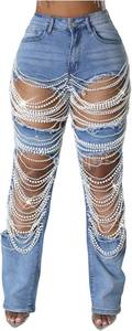 lot 26725 image: Lucuna Womens Rhinestone Ripped Jeans High Waist Boyfriend Cutout Straight Leg Pearl Distressed Denim Pants, Size 2XL