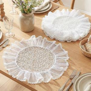 lot 26729 image: Tegeme 6 Pack Retro Lace Placemats French Ruffled Doilies 16 Inch Round Embroidered Flower Cup Mat Farmhouse Decoration for Cake Dessert Dining Table Wedding Birthday Party(White,Lace)