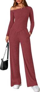 lot 26730 image: PRETTYGARDEN Fall Two Piece Sets For Women 2026 Off Shoulder Tops Long Pants Knit Matching Lounge Set Airport Travel Outfits(Wine Red,X-Large)