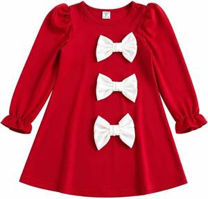 lot 26743 image: Toddler Girl Red Long Sleeve Dress with White Bow, Cute Party Dress, Red, Size 6Y