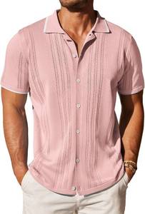 lot 26745 image: COOFANDY Mens Knit Button Down Shirt Vintage Short Sleeve Polo Shirts Casual Beach Tops, Pink, Size 4XL
