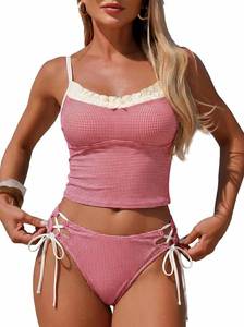 lot 26771 image: Gingham Tankini Swimsuits for Women Ruffle Bowknot Decor 2 Piece Bathing Suit Tie Side Bikini Swimwear SIZE M