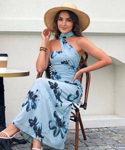 lot 26777 image: Women Strapless Tube Scarf Floral Maxi Dress Elegant Summer Ruched Prom Cocktail Party Dress Wedding Guest Dress SIZE S