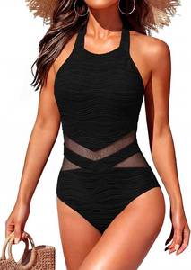 lot 26782 image: Womens Tummy Control One Piece Swimsuit 2026- Mesh Push Up Slimming Halter High Neck Sexy Swimwear Cutout Design SIZE XL