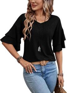 lot 26790 image: Sialois Womens Blouses 34 Length Sleeve Tops Ruffle V Neck Shirts Casual Tunic Spring Fall Summer Fashion Work Clothes SIZE M