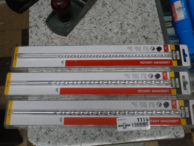 lot 1119 image: 3 masonry drill bits-2 38 in and 1 14 in
