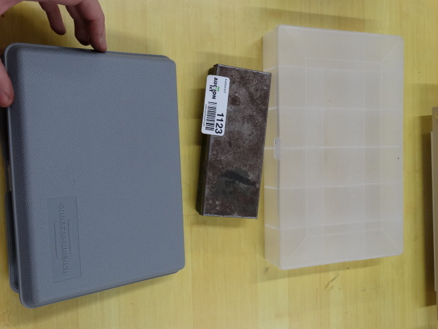 lot 1123 image: squeeze-wrench ratchet action set, metal drill bit case and plastic organizer
