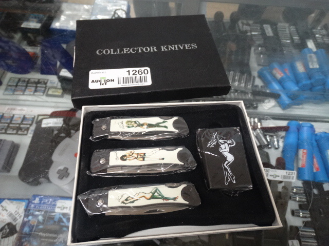 lot 1260 image: pin up girl collection pocket� 3 knives & lighter