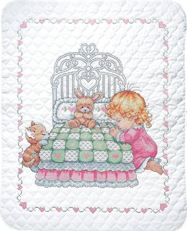 lot 63330 image: Tobin Bedtime Prayer Girl Quilt Stamped Cross Stitch Kit, 36 by 43-Inch,White - Retail $44