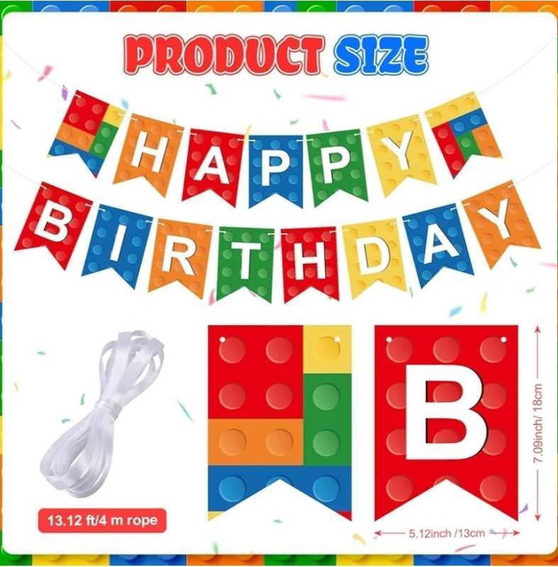 lot 63347 image: Cartoon Birthday Party Decorations Happy Birthday Banner Hanging Garland for Cartoon Party Decor Photo Backdrop Supplies(Colorful,Building Block) - Retail $9