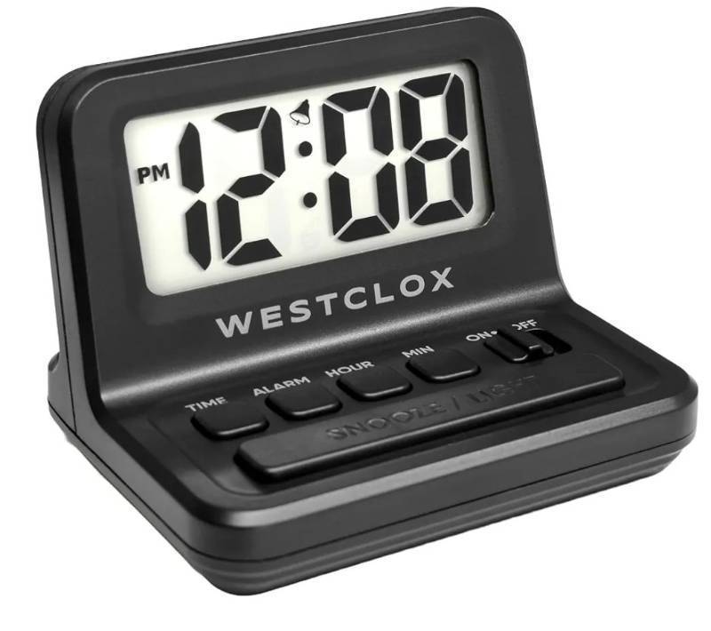 lot 63507 image: LCD Digital Bedside Alarm Clock with White Backlit Display and Snooze Function, Battery Operated, (Black, 3-Inch) - Retail $14