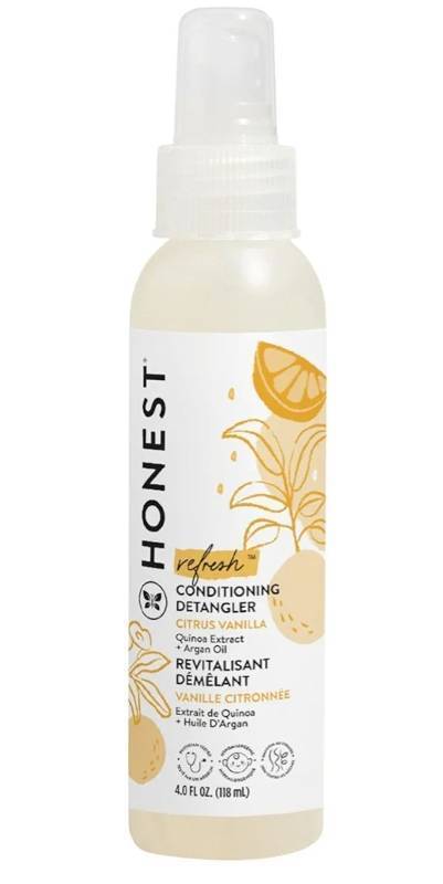 lot 63375 image: The Honest Company Conditioning Hair Detangler, Tear-Free, Hypoallergenic, Leave-In Conditioner and Fortifying Spray, Citrus Vanilla Refresh, 4 fl oz - Retail $7