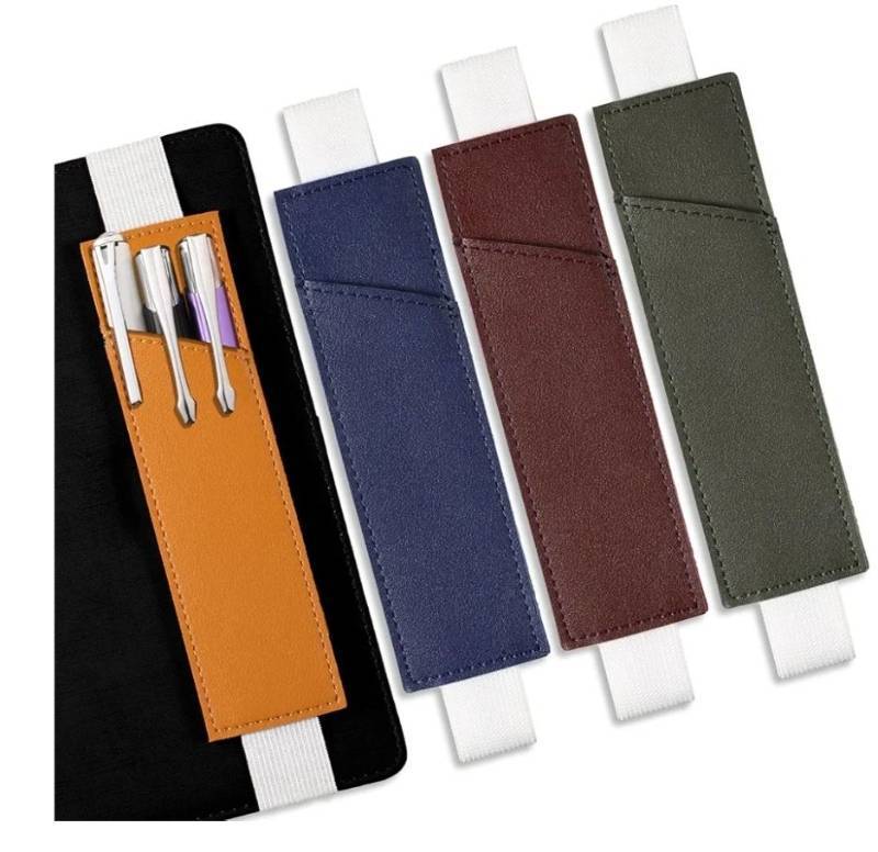 lot 63386 image: 4 Pieces Adjustable Pen Holder for Notebook Elastic Strap Band PU Leather Pen Sleeve Pouch for Hardcover Journals for Gift, 8-1.5 Inch(Green, Ginger, Red, Navy Blue) - Retail $9