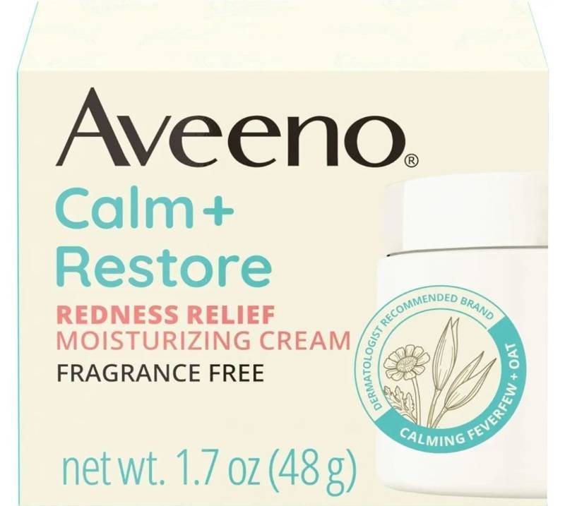 lot 63474 image: Aveeno Calm  Restore Redness Relief Moisturizing Face Cream, Non-Comedogenic Facial Moisturizer with Ceramide & Vitamin B5, Hydrating for Dry, Sensitive Skin, Hypoallergenic, Fragrance-Free, 1.7 Oz - Retail $20