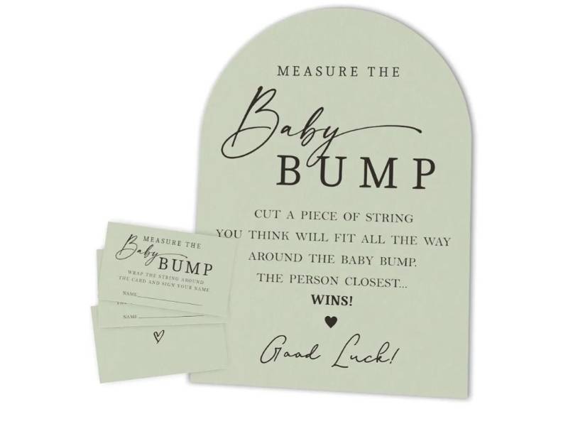lot 37936 image: Baby Shower Measure The Baby Bump, Measure Mommys Belly Game Set - 1 Green Self-Standing arch Sign And 50 Tickets - Gender Reveal, Baby Shower, Born Announcement Activity & Party Favor Supplies - A04 - Retail $10