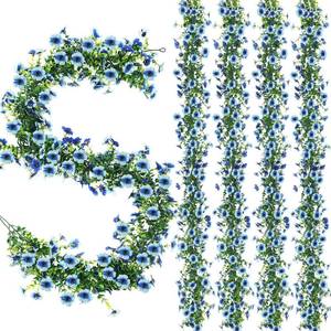 lot 38211 image: 4 Pcs 6 ft Artificial Flowers Wisteria Garland-Total 24 ft Fake Hanging Wisteria Flowers Green Vines Garlands, Faux Flower Daisy with Eucalyptus Leaves for Garden Decor (Blue) - Retail $24